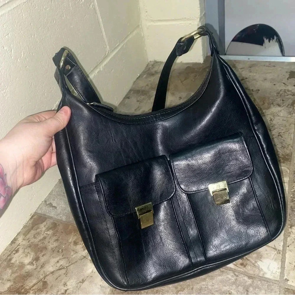 Women’s Black with Gold Details Faux Leather Shoulder  Bag Purse lots of Storage - Picture 7 of 16